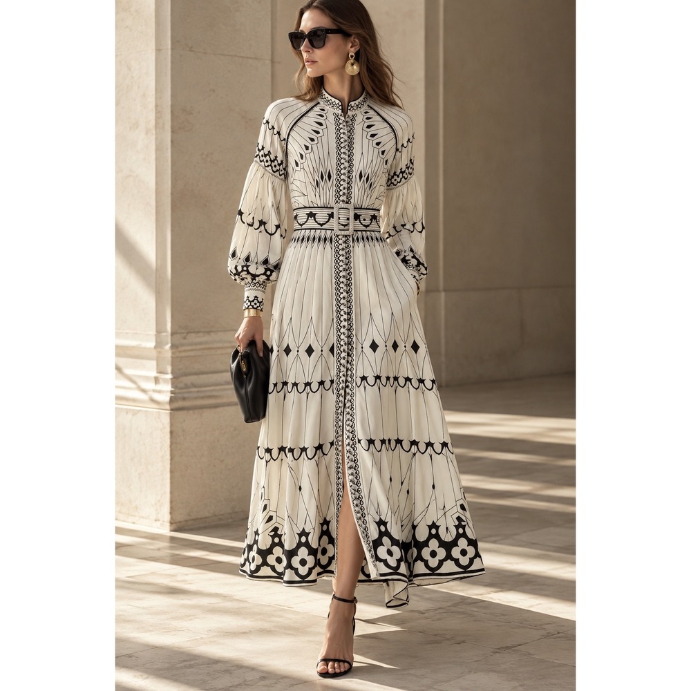 Designer inspired Black White Geometric Floral Print Belted Maxi Dress Small